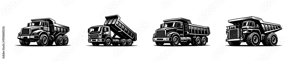 Fototapeta premium Vector black and white illustration of dump trucks silhouette set