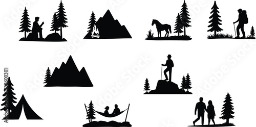 Silhouette camping scenes, hikers trekking, mountain peaks, pine trees, outdoor adventure, wilderness lifestyle, nature exploration, campfire illustration, forest design, travel icons