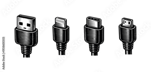 Vector illustration of four charging cables usb connectors in black and white silhouette