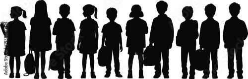 Silhouette children standing in row, school kids with backpacks, student group illustration, childhood education concept, learning diversity, classroom unity, youth