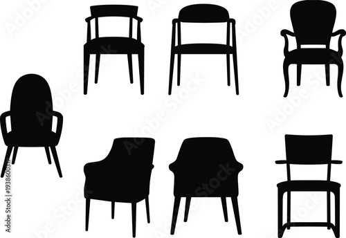 Silhouette chair collection, modern furniture design, unique seating styles, minimalist interior decor, armrest variations, backrest shapes, leg structures showcase