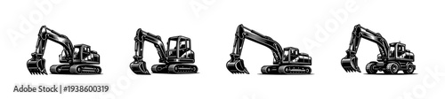 Vector illustration of construction excavator set silhouette in black and white style