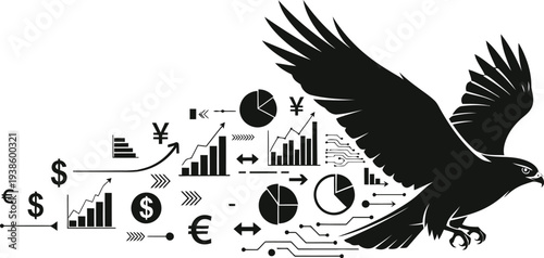 A black silhouette of an eagle soaring over financial and statistical graphs and symbols
