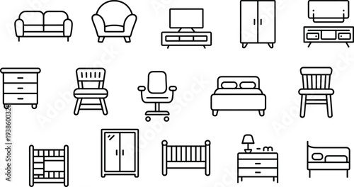 Modern furniture line icons set featuring sofa, armchair, bed, wardrobe, television stand, office chair, chest of drawers, and nursery crib for interior design.