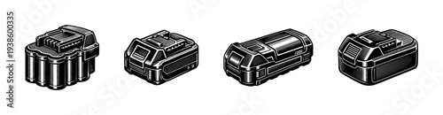 Detailed black and white vector illustration of power tool batteries