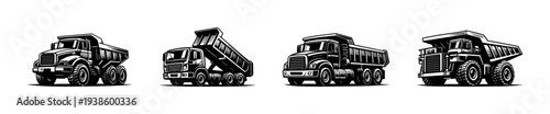 Vector black and white illustration of dump trucks silhouette set