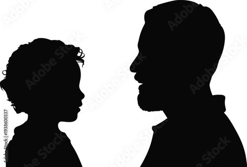 Silhouette child facing adult, generational bond, family connection, parenting concept, communication relationship, father and son, childhood growth, emotional support, trust