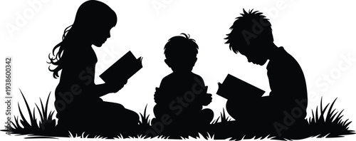 Silhouette children reading books, outdoor learning, literacy concept, education illustration, peaceful study, childhood development, knowledge growth, nature reading, learning joy
