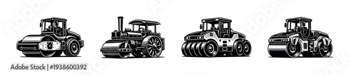 Set of vector illustrations of vintage and modern road rollers in black and white silhouette