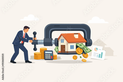 Businessman Squeezing a House with a Clamp to Reduce Costs, Representing Mortgage Refinancing, Interest Rate Reduction, Financial Budget Management, Real Estate Investment, and Saving Money.