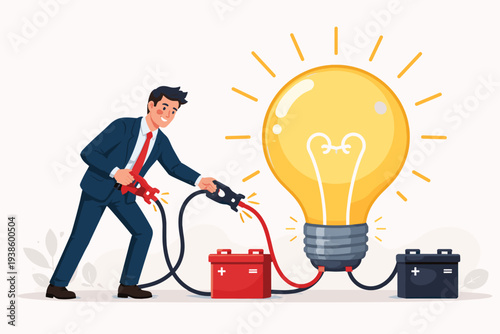 Businessman Using Jumper Cables to Jump Start a Large Glowing Light Bulb from a Battery, Concept of Creative Idea Generation, Business Innovation, Problem Solving, and Starting a New Project.