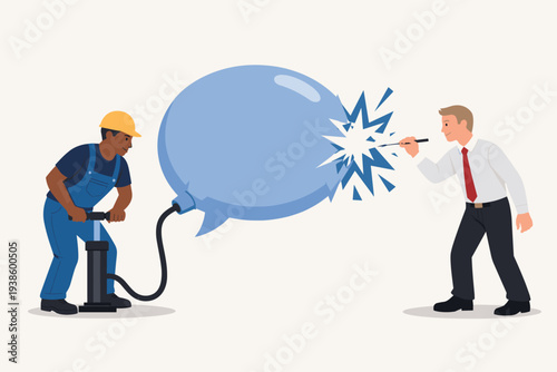 Inequality and Injustice Concept with Black Worker Pumping Speech Bubble Balloon While White Businessman Pops It with a Needle, Representing Silencing of Voices and Racial Discrimination