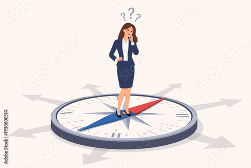 Confused Businesswoman Standing on Large Compass Looking for Direction and Career Path. Concept of Decision Making, Business Strategy, Uncertainty, and Finding the Right Way in Professional Life.