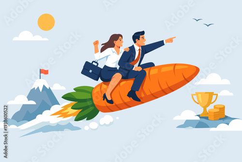 Business Professionals Riding a Giant Carrot Rocket Towards Success, Trophy, and Wealth. Concept of Motivation, Incentive, Ambition, and Teamwork for Achieving Career Goals and Growth.