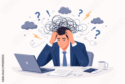 Stressed Businessman Overwhelmed by Overthinking and Anxiety at Work Desk with Laptop, Mental Health Concept of Confusion, Burnout, Fear, and Indecision with Chaotic Thoughts and Brain Fog