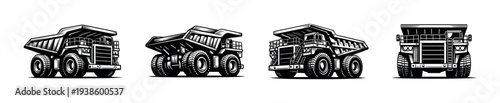 Vector illustration of heavy dump trucks in black and white silhouette style