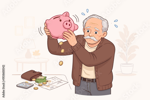 Elderly man shaking a pink piggy bank for coins, depicting financial hardship, poverty, and the loss of retirement savings or pension funds due to inflation, bankruptcy, or economic crisis.