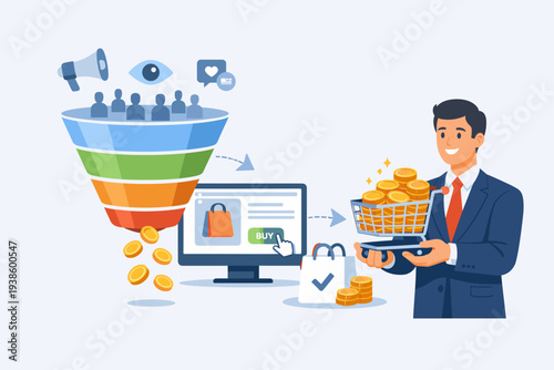 Sales Funnel and Online Marketing Conversion Rate Illustration Showing Customer Flow from Awareness to Purchase with a Businessman Holding a Shopping Cart of Gold Coins and Digital Storefront.