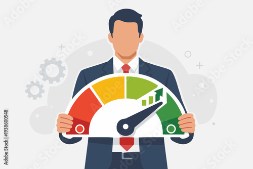 Businessman holding a performance measurement gauge showing high efficiency and success. Rating evaluation level with upward arrow for business growth, quality score, and risk management concept.