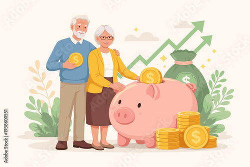 Happy Senior Couple Saving Money for Retirement with Piggy Bank, Gold Coins, and Rising Growth Chart. Pension Fund Investment, 401k Planning, and Financial Wealth Management for Elderly Retirees.