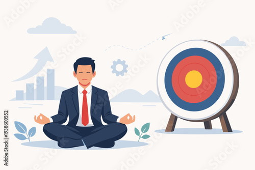 Businessman meditating in lotus pose to stay focused on business goals and targets, professional man practicing mindfulness and concentration to achieve success, growth, and reach objectives.