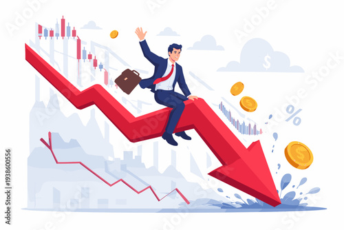 Businessman Riding a Large Red Arrow Crashing Downwards Representing Stock Market Crash, Economic Crisis, Financial Loss, Investment Risk, Recession, Crypto Currency Volatility, and Bankruptcy