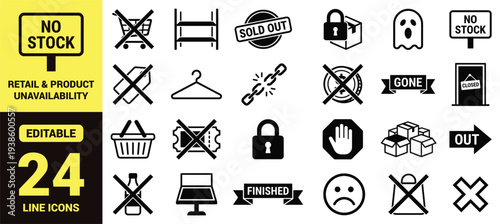Retail and product unavailability icon set with sold out, closed, no stock, restricted items, empty shelves, broken links, and essential retail ranking symbols in clean modern line‑art style