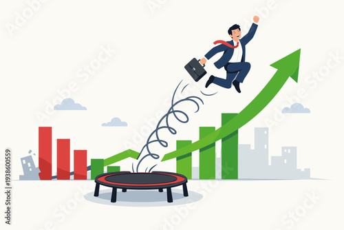 Businessman jumping on trampoline to bounce back from financial crisis, stock market rebound and economic recovery concept with upward green arrow and growth bar chart vector illustration.