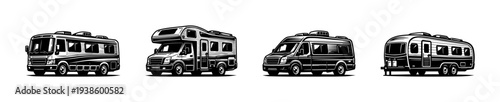 Black and white vintage rv camper van silhouette set for retro travel designs