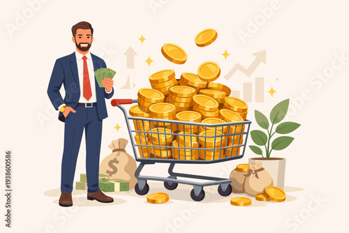 Successful Businessman with Shopping Cart Full of Gold Coins, Holding Cash and Celebrating Financial Success, Wealth, Investment Growth, and Profitable Business Revenue Vector Illustration