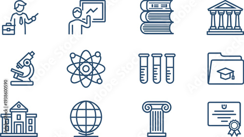 Set of education and book line icons featuring open books, reading person, digital tablet, PDF document, library shelves, and notebooks.
