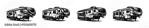 Black and white vector illustrations of recreational vehicles silhouette set
