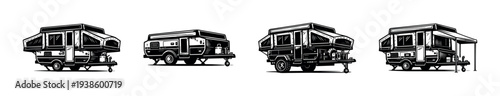Vintage camper trailer silhouettes illustration, black and white vector clipart
