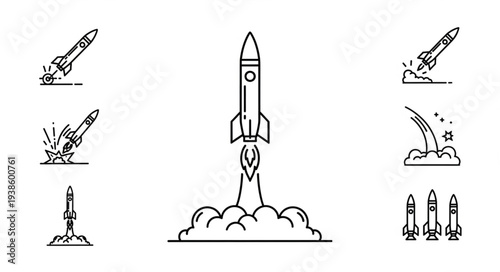 Rocket Launch Icons Set Vector Illustration.
