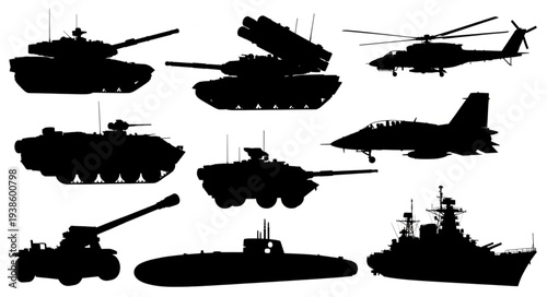 Collection of Military Vehicle Silhouettes on White Background.