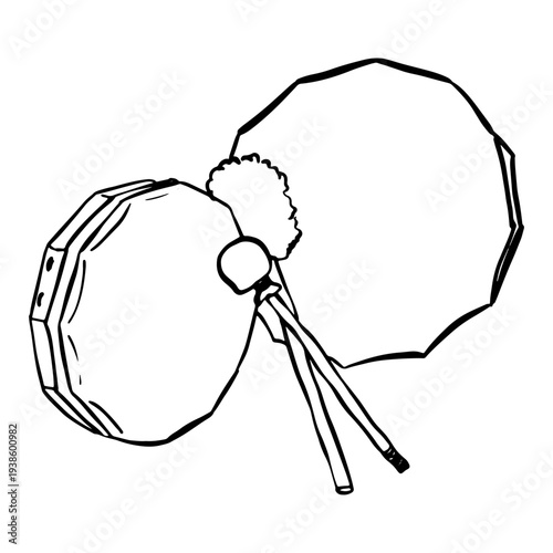 Hand drawn doodle shaman drum illustration in vector style. Ethnic musical instrument sketch. Simple outline drawing isolated on white background. Suitable for spiritual, cultural, music