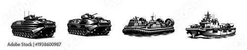 Black and white military vehicle silhouettes set featuring tanks and ships