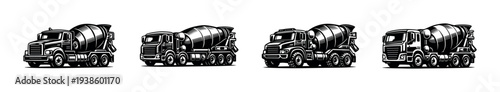 Black and white vector illustration of cement mixer trucks in various angles