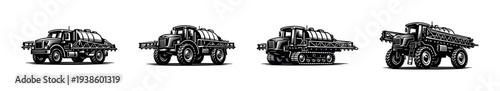 Vintage military tanker trucks silhouette illustration set in black and white style