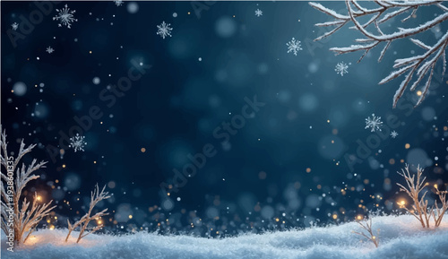 A festive winter night landscape featuring a decorated Christmas tree under a blue sky with falling snowflakes and stars for a holiday celebration greeting card illustration