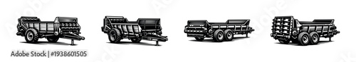 Set of black and white vector illustrations of agricultural trailers in silhouette