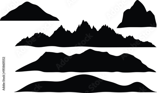 Mountain and hill silhouettes vector, terrain landscape illustration, natural landform design icons, outdoor environment art, geology concept graphic