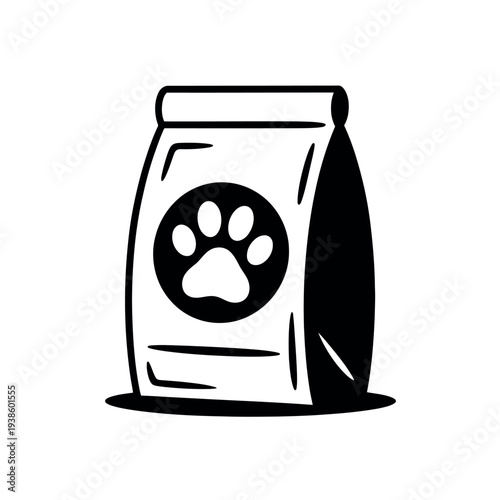 Pet food bag graphic featuring a prominent paw print signifies animal nutrition product.
