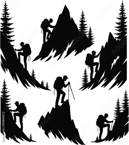 Mountain climbing silhouettes vector, hiking adventure illustration, outdoor trekking design, wilderness exploration icons, nature recreation art, teamwork concept graphic