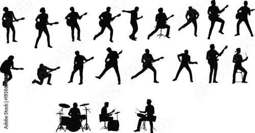 Musician silhouettes, guitar players, drummers, live performance, rock band, concert illustration, music art, dynamic poses, instrument outlines, energetic stage performance