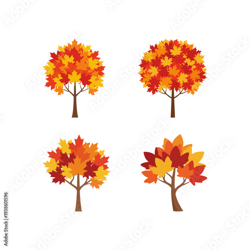 Autumn Maple Trees Flat Vector Illustration Set
