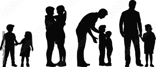 Parent child silhouettes, caregiving illustration, family bonding vector, adult child interaction, parenting design, mentorship art, support concept, black figures, social unity