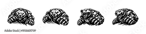 Ferocious bear silhouette set vector illustration black and white clipart design