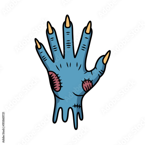 Rotting zombie hand with long yellow claws and stitches is isolated on white.