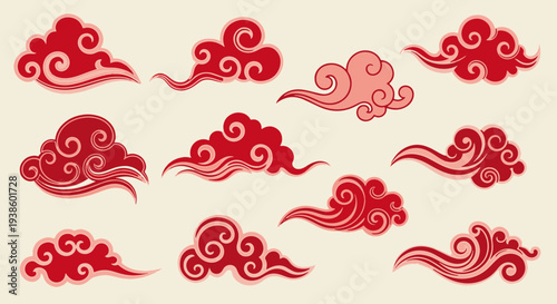 Traditional Red and Pink Clouds in Japanese and Chinese Auspicious Style Decorative Graphic Elements for Festive Design Applications